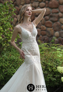 HERAWHITE - HW3037 - Plunging Sweetheart Beaded Mermaid Gown With Double Band