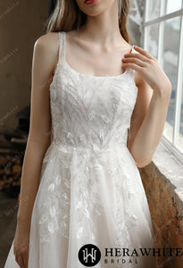 HERAWHITE - HW3003 - Square Neckline Wedding Dress with Delicate Leafy Lace