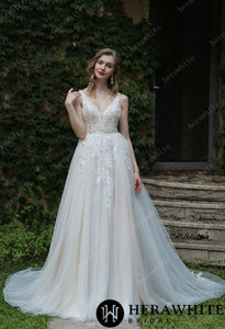 HERAWHITE - HW3034 - Beaded Sequins Lace And Sexy Split Wedding Dress