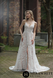 HERAWHITE - HW3050 - Beach Bohemian Lace Wedding Dress With Plunging V-Neckline