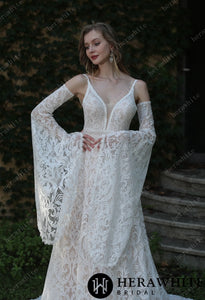 HW3044  HERAWHITE Summer Boho Lace Wedding Dress With Spaghetti Straps