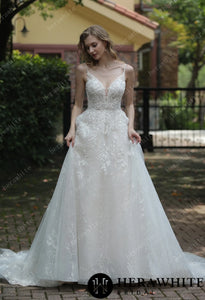 HERAWHITE - HW3048 - Sparkly A-Line Wedding Dress With Beaded Spaghetti Straps