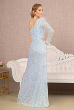 Load image into Gallery viewer, Feather Sequin Asymmetric Long Sleeve Mermaid Dress
