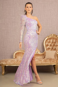 GL3128 GLS Collective Feather Sequin Asymmetric Long Sleeve Mermaid Dress