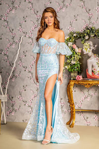 GL3247 GLS COLLECTIVE Glitter Sequin Mesh Mermaid Long Dress with Detachable Puff Sleeves