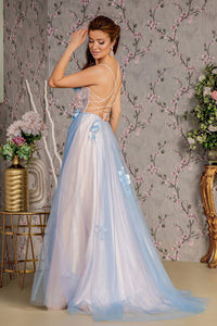 GL3250 GLS COLLECTIVE 3-D Flower Sheer Bodice Cut-out Back Mesh A-line Long Dress