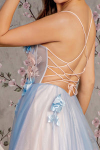 GL3250 GLS COLLECTIVE 3-D Flower Sheer Bodice Cut-out Back Mesh A-line Long Dress