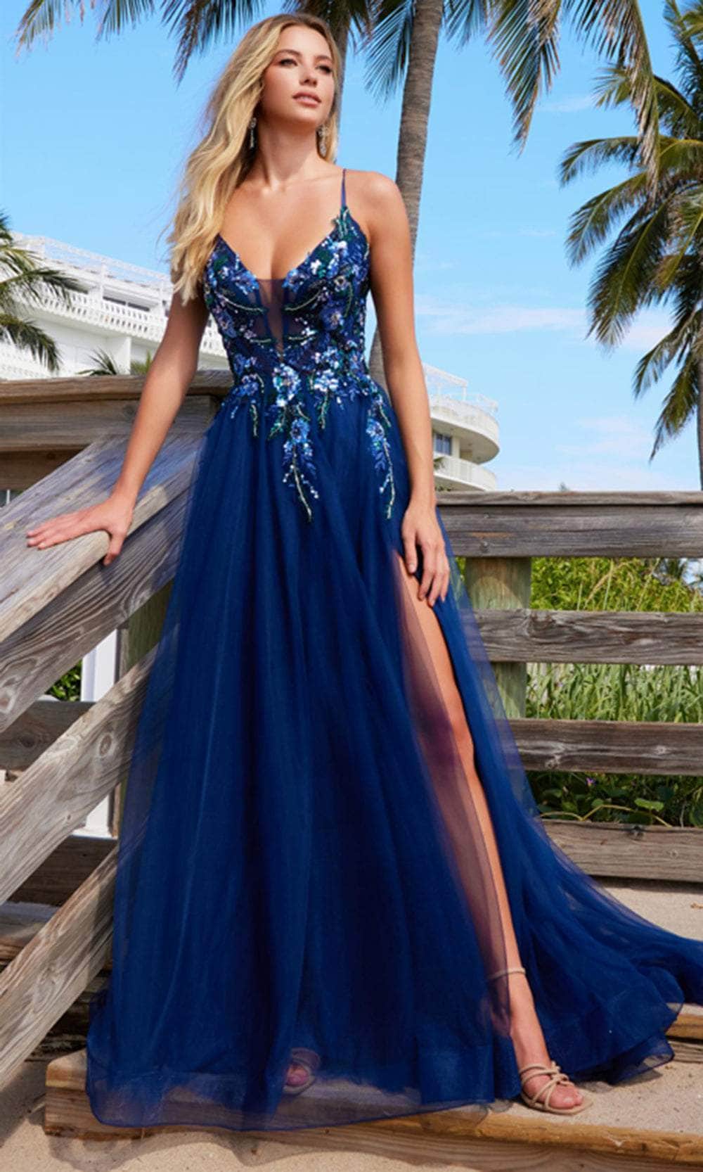 Nox Anabel G1649 - Sheer Bodice Tulle Gown with High Slit 0 / Navy Blue Nox Anabel G1649 - Sheer Bodice Tulle Gown with High Slit 0 / Navy Blue