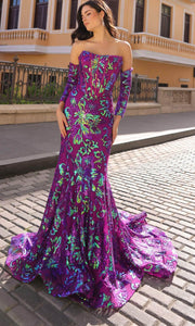 R1268 - Floral Sequin Mermaid Evening Dress