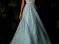 Load and play video in Gallery viewer, 940 Ladivine Striking embellished tulle overlay A-line floor length formal gown.
