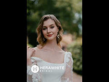 Load and play video in Gallery viewer, HW3073 HERAWHITE Square Neck Crepe Fit And Flare Wedding Dress With Tulle Bishop Sleeves

