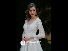 Load and play video in Gallery viewer, HERAWHITE - HW3040 - Long Sleeve Lace A-Line Gown With Plunging V-Neck
