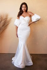 FITTED SATIN STRAPLESS GOWN WITH BLOUSON SLEEVES