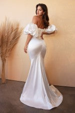FITTED SATIN STRAPLESS GOWN WITH BLOUSON SLEEVES