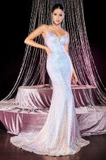 Cinderella Divine - J787 -Fitted iridescent fully sequined gown with corset style lace up back and deep sweetheart neckline and sweep train.