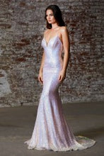 Load image into Gallery viewer, Cinderella Divine - J787 -Fitted iridescent fully sequined gown with corset style lace up back and deep sweetheart neckline and sweep train.
