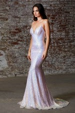 Cinderella Divine - J787 -Fitted iridescent fully sequined gown with corset style lace up back and deep sweetheart neckline and sweep train.