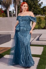 OFF THE SHOULDER GLITTERY PRINTED GOWN