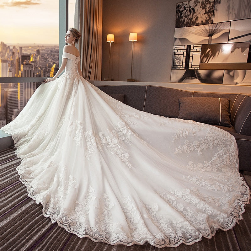 off the shoulder boat neck dress Stunning off the shoulder boat neck lace applique ball gown. White / 4