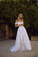 Load image into Gallery viewer, Off the shoulder lace appliqued tulle wedding gown.
