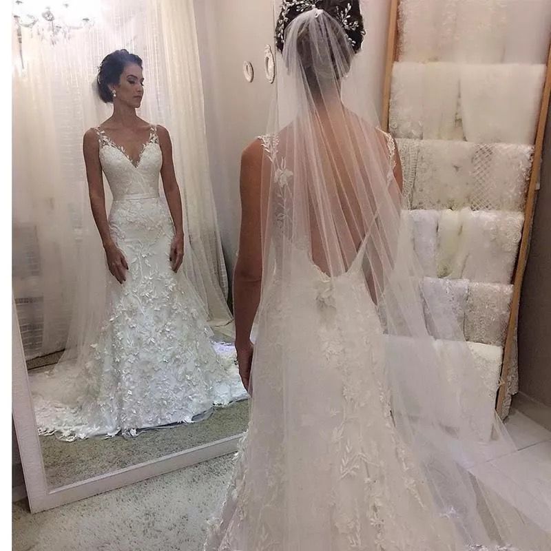 Embroidered Lace Appliqued Fit and Flare Trumpet Style Wedding Gown