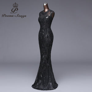 Long black Beaded and Sequined Fit and Flare Evening Dress