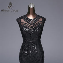 Load image into Gallery viewer, Long black Beaded and Sequined Fit and Flare Evening Dress
