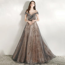 Load image into Gallery viewer, AEK297 A-Line Ball Gown Illusion Neckline Off the Shoulder Cap Sleeve Crystal Adorned Floor Length
