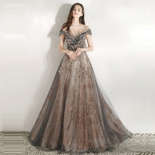 Load image into Gallery viewer, AEK297 A-Line Ball Gown Illusion Neckline Off the Shoulder Cap Sleeve Crystal Adorned Floor Length
