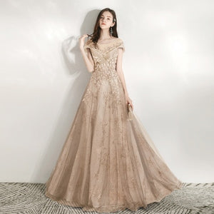 A-Line Ball Gown Illusion Neckline Off the Shoulder Cap Sleeve Crystal Adorned Floor Length