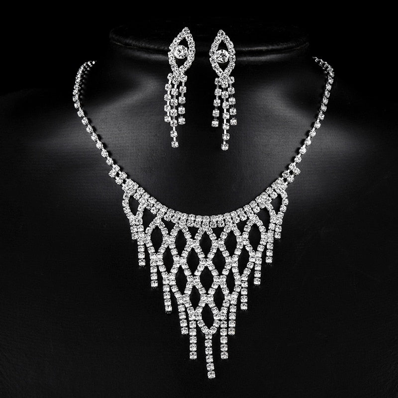 Fringed Crystal Rhinestone Formal Necklace & Earrings Jewelry Set