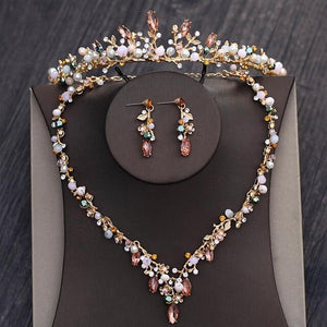 AEDGJSN Baroque inspired vintage gold crystal beaded rhinestone Diadem Crown head piece, necklace & earrings set