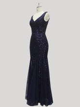 Load image into Gallery viewer, Stunningly sequined  metallic V neck mermaid floor length formal  gown
