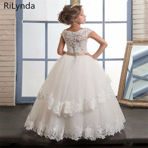 Lace Applique Beading Floor Length Ball Gown with Tiered Lace Appliqued Hemline