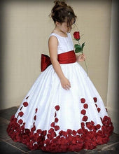 Load image into Gallery viewer, Flower girl dress with waist sash, back bow and coordinating rose petal accents. Available in a variety of colors. Call Oh My LLC @ 269-262-4813for more details
