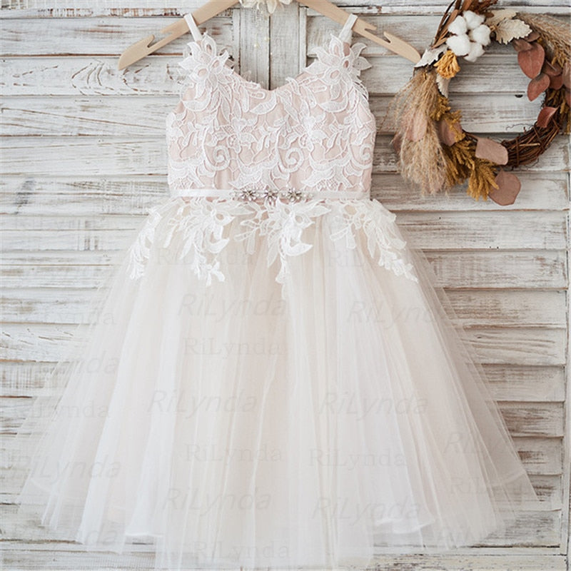 Floral lace appliqued tulle princess dress